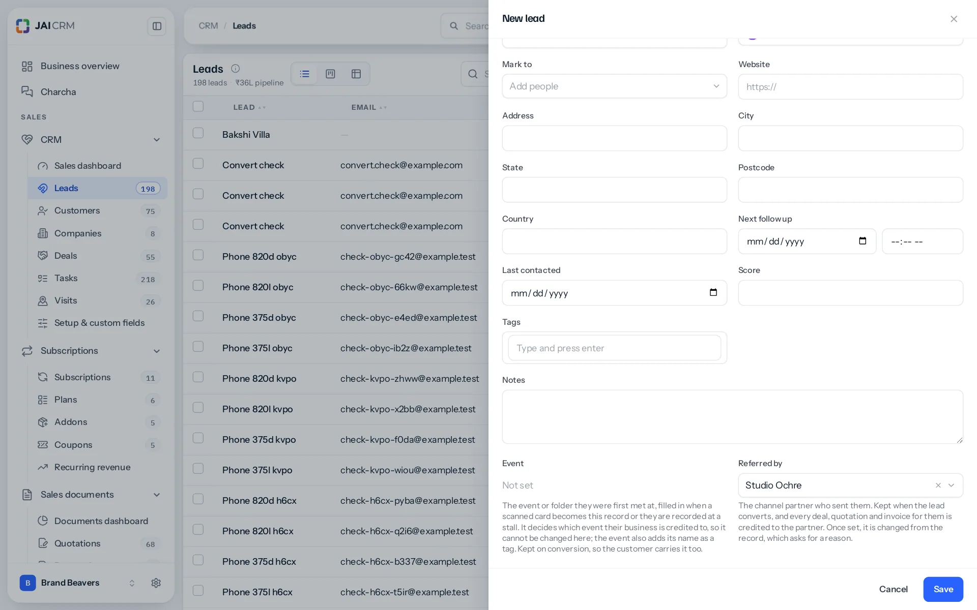 The New lead form scrolled to the end: Event is not set, and Referred by shows Studio Ochre, with the help text saying the partner is kept when the lead converts.