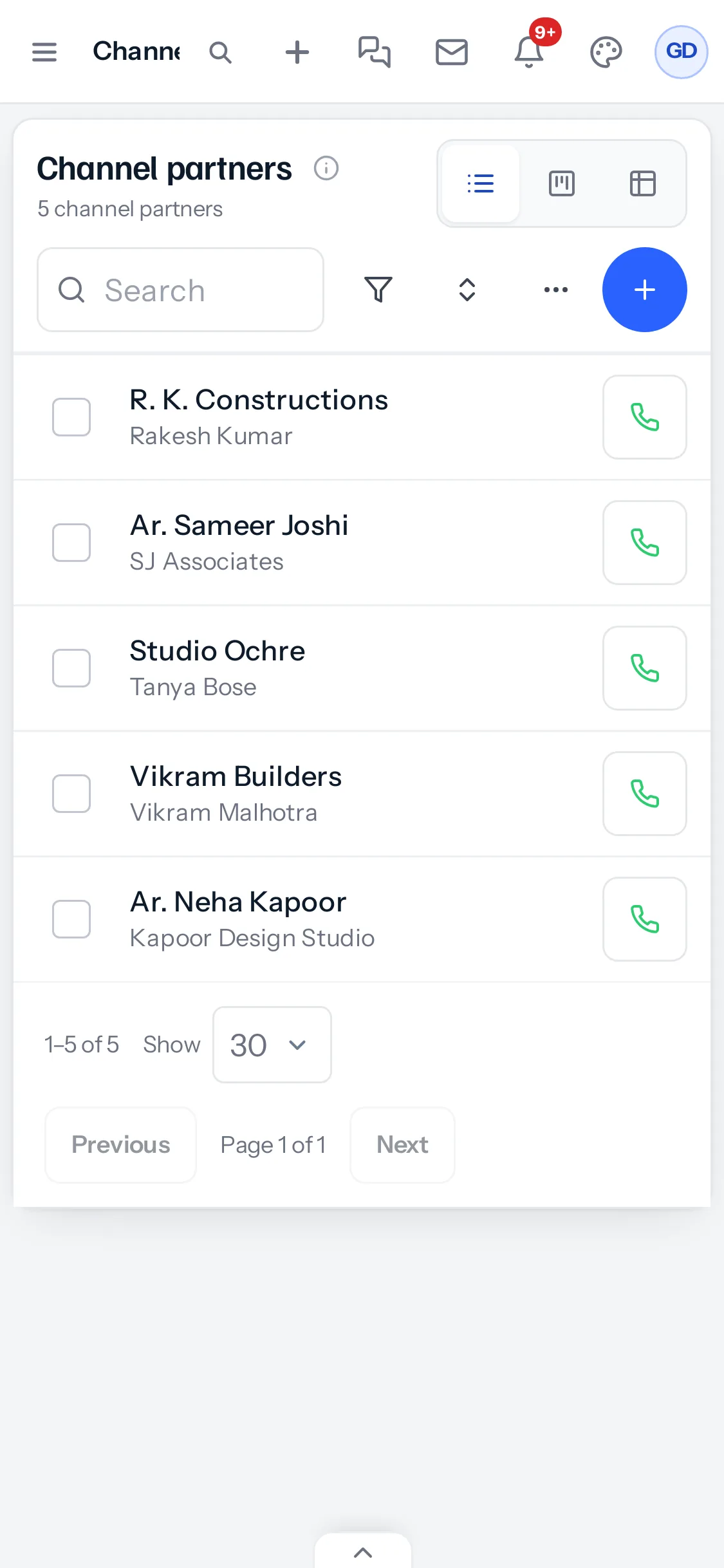 The Channel partners list on a phone: five partners, each with their firm underneath and a green call button on the right.