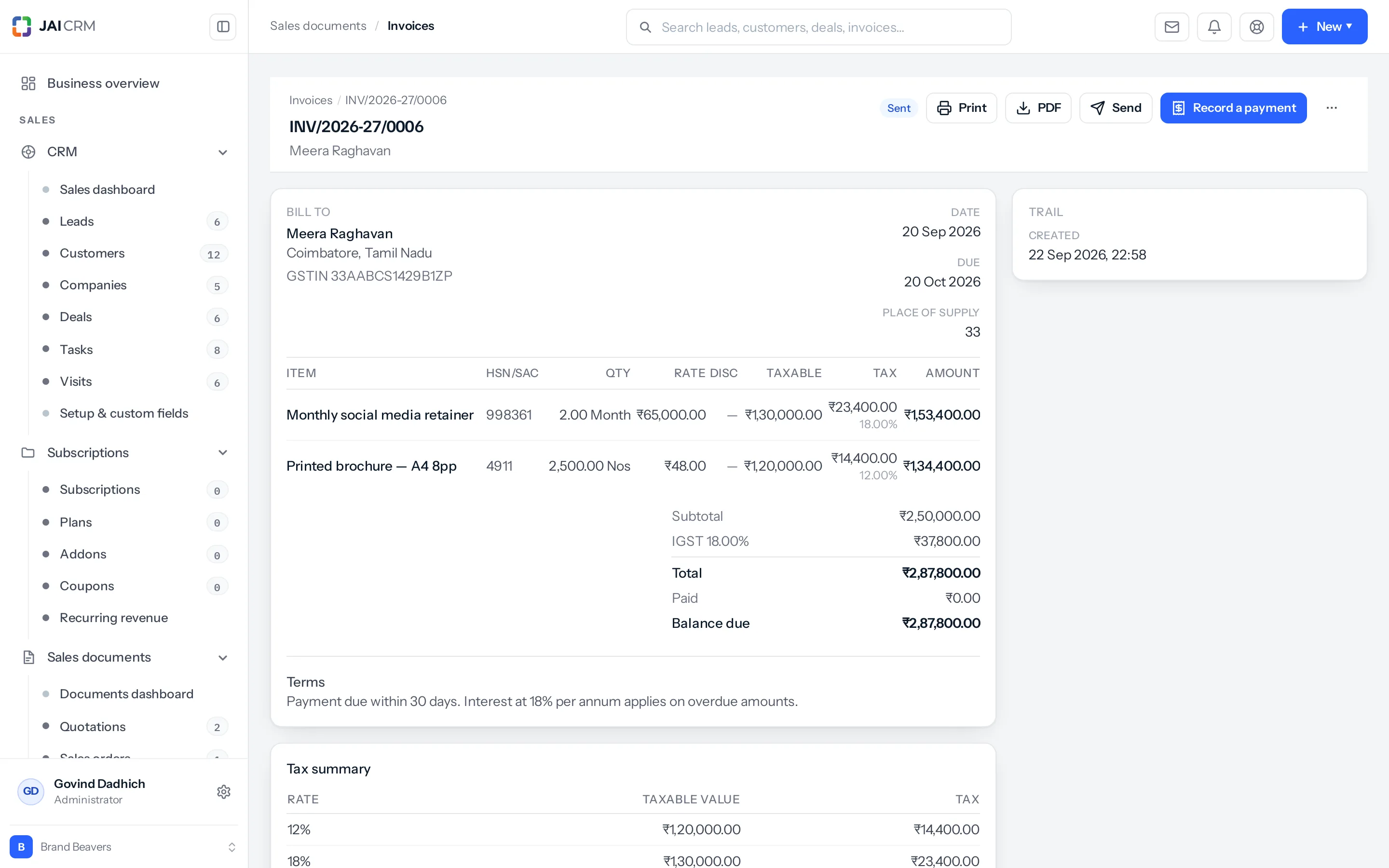 Invoice INV/2026-27/0006 for Meera Raghavan, marked Sent, dated 20 September 2026 and due 20 October. Two lines at different GST rates, then Subtotal 2,50,000, Total 2,87,800, Paid 0.00 and Balance due 2,87,800.