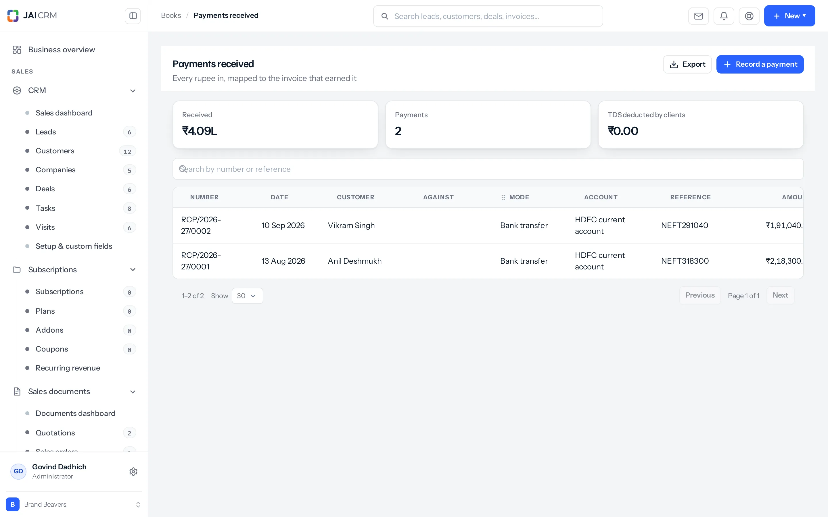 Payments received, with three tiles reading Received 4.09L, Payments 2 and TDS deducted by clients 0.00, above a table of two bank transfers into the HDFC current account, each with its NEFT reference.