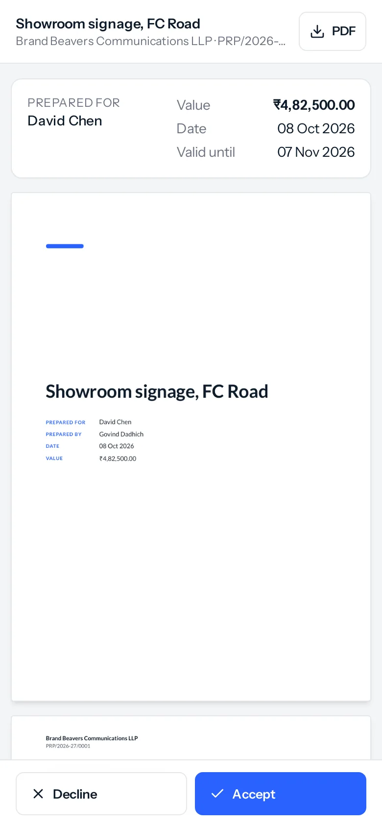 The client's page on a phone: the proposal subject, the business and the number with a PDF download button at the top, prepared for, value, date and valid until, then the cover page filling the screen, and Decline and Accept buttons in a bar along the bottom.