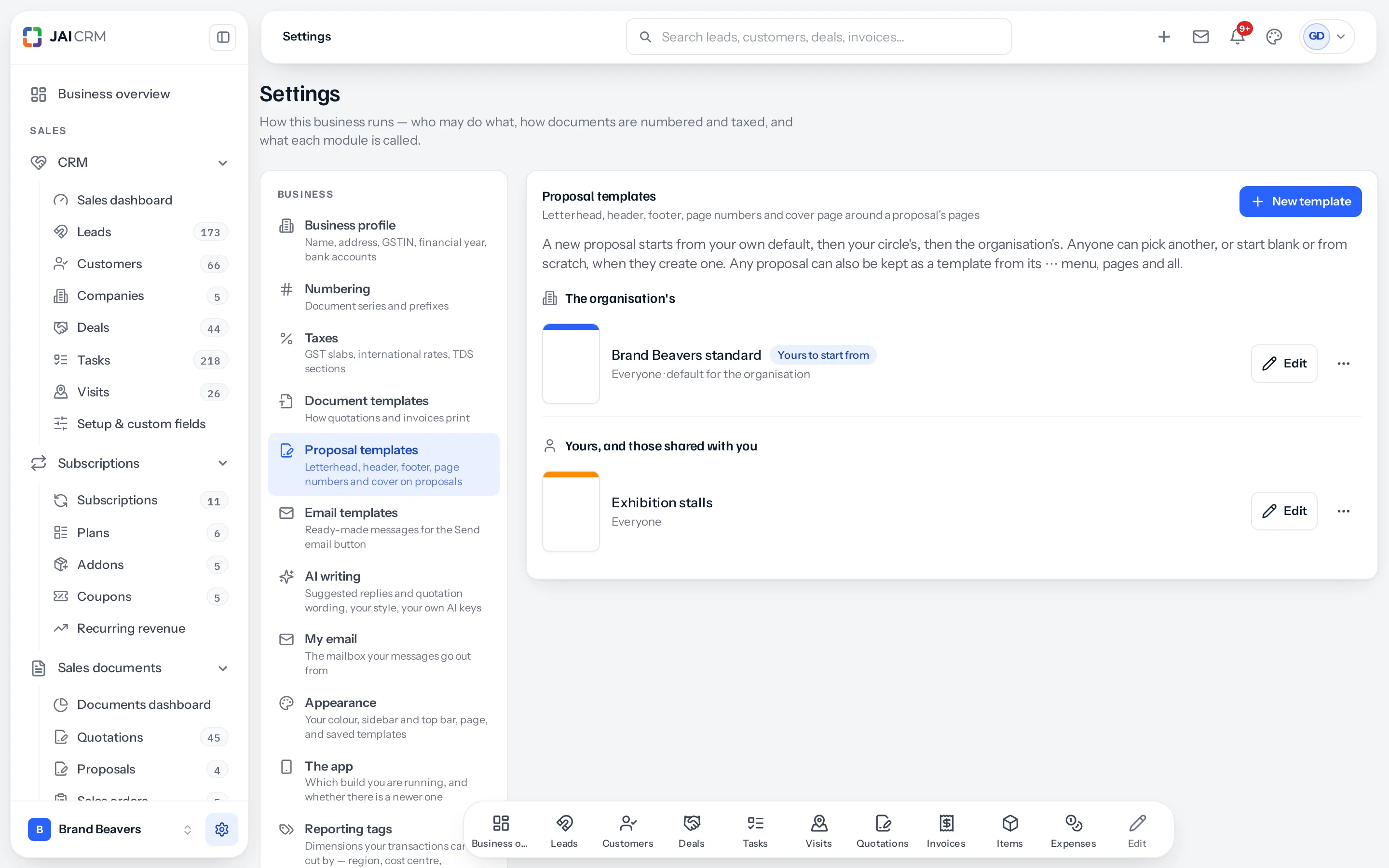 Settings, Proposal templates: the organisation's template Brand Beavers standard, marked Yours to start from and default for the organisation, and a personal template Exhibition stalls shared with everyone, each with Edit and a menu.
