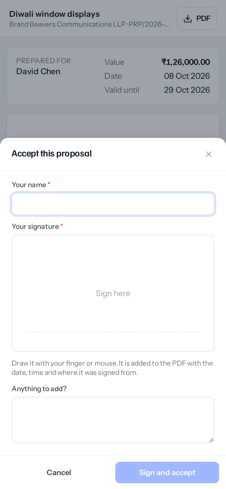 The client's page on a phone with the Accept this proposal sheet open: Your name, Your signature with a white box saying Sign here, a note that it is added to the PDF with the date, time and where it was signed from, Anything to add, and Cancel and Sign and accept.