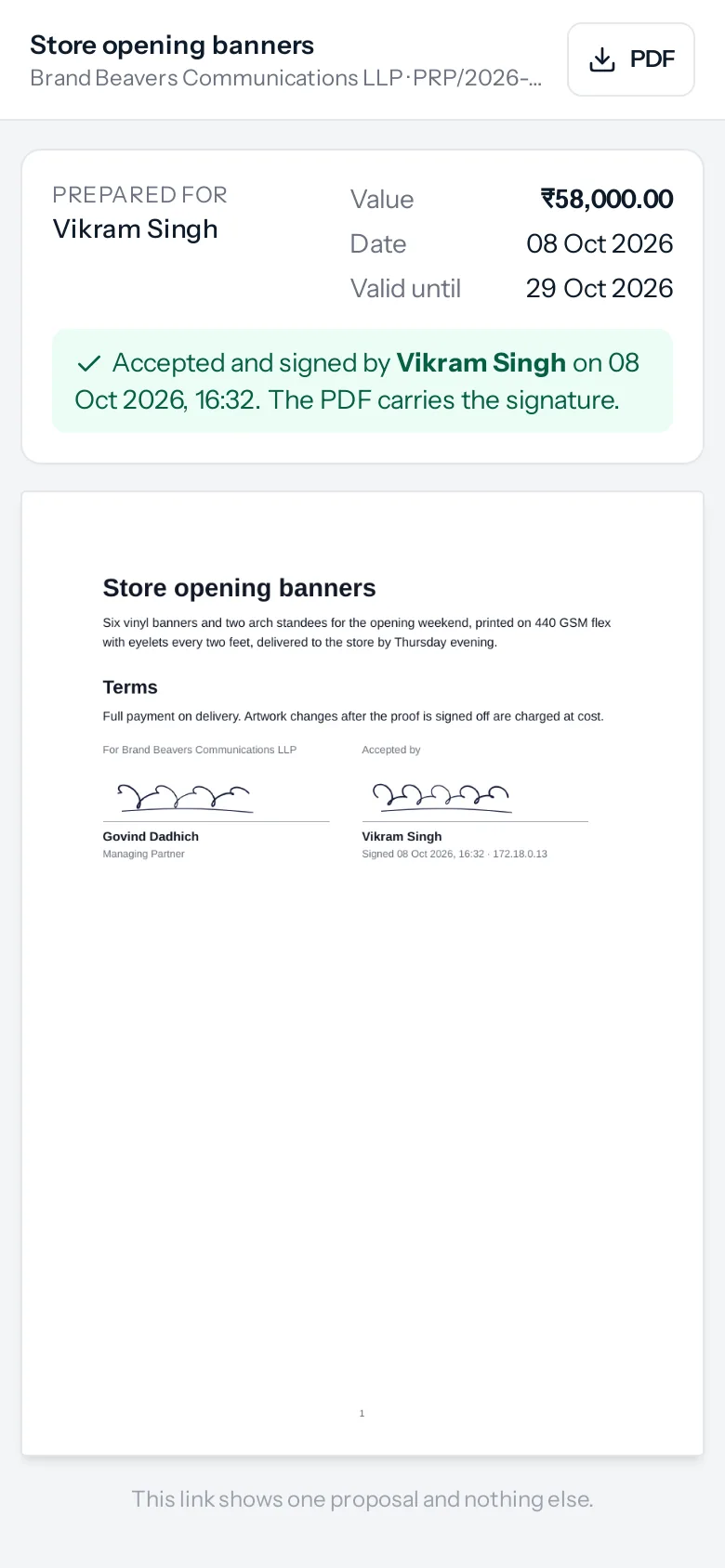 The client's page after signing, on a phone: Accepted and signed by Vikram Singh on 08 Oct 2026, 16:32, the PDF carries the signature; below, the page with the terms and two signatures, For Brand Beavers Communications LLP signed by Govind Dadhich, Managing Partner, and Accepted by Vikram Singh, signed 08 Oct 2026, 16:32 with an IP address.