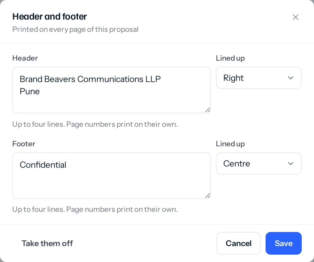 The Header and footer window: a Header box with Brand Beavers Communications LLP and Pune lined up on the right, a Footer box with Confidential lined up in the centre, and Take them off, Cancel and Save.