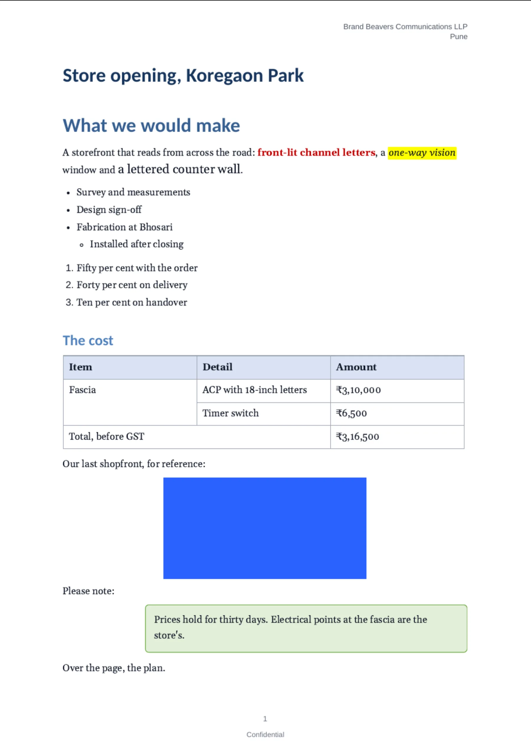 The first page of a proposal opened from a Word document, as it prints: a two-line header on the right, Store opening, Koregaon Park and What we would make in blue Calibri, a paragraph with red bold words, a yellow highlight and larger text, bullets with one nested, a numbered list, a shaded table with a merged Fascia cell, a centred picture, a green text box on the right, and Confidential in the footer.