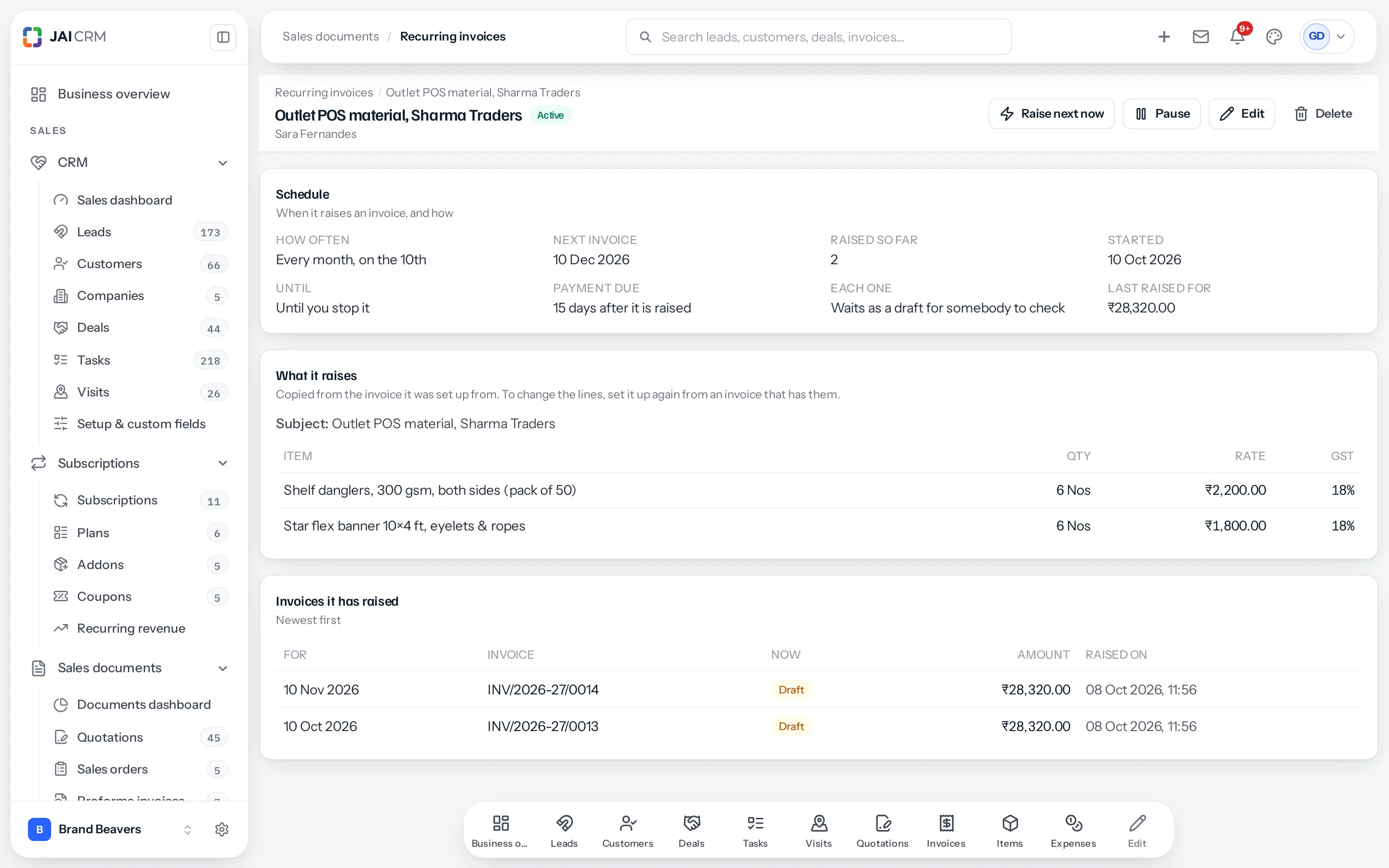 One recurring invoice open: its schedule, the lines it raises, and the two invoices it has raised so far, each with its date, number, status and amount.
