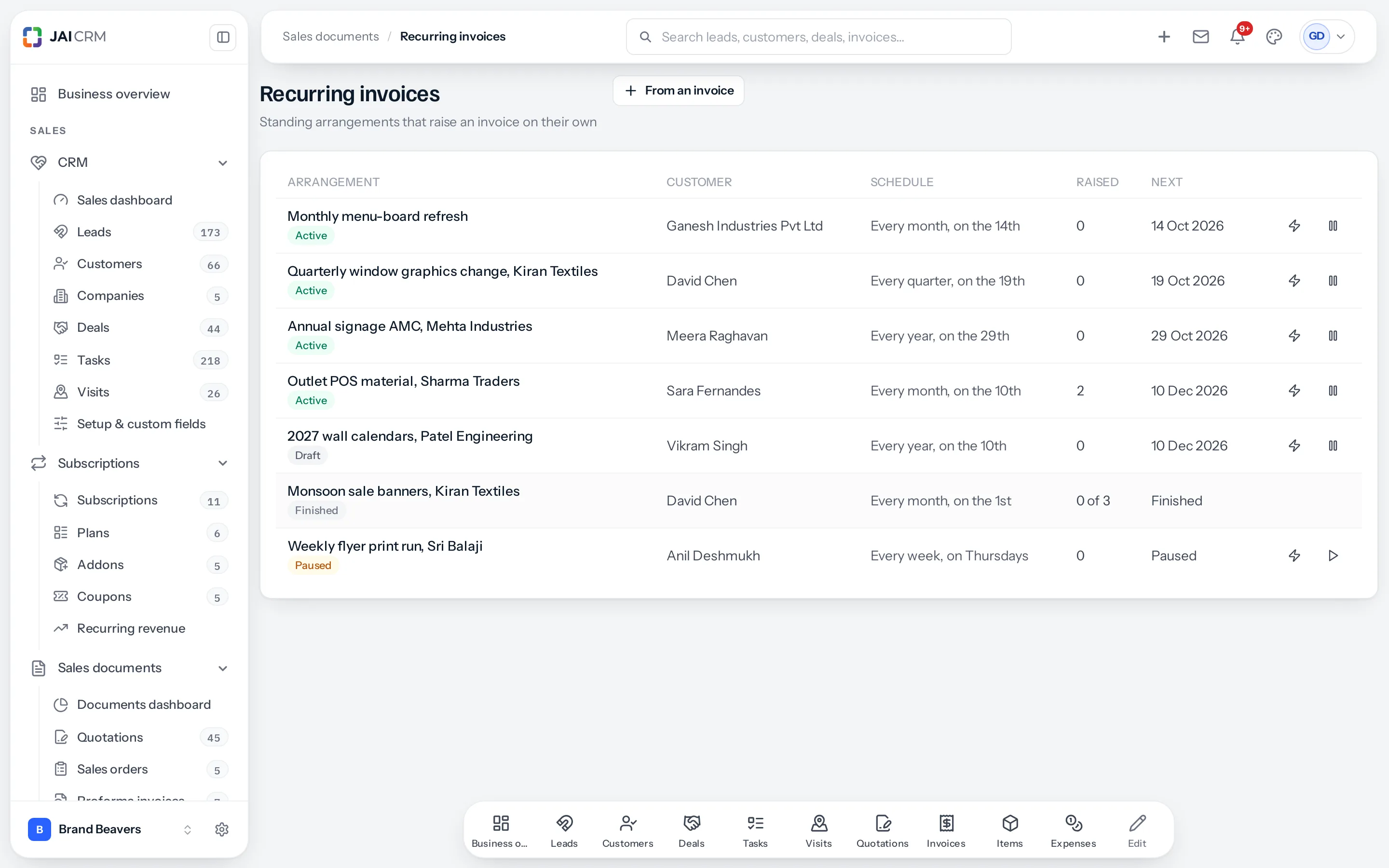 Recurring invoices, a list of standing arrangements, each with its customer, how often it runs, how many it has raised and when the next one goes.
