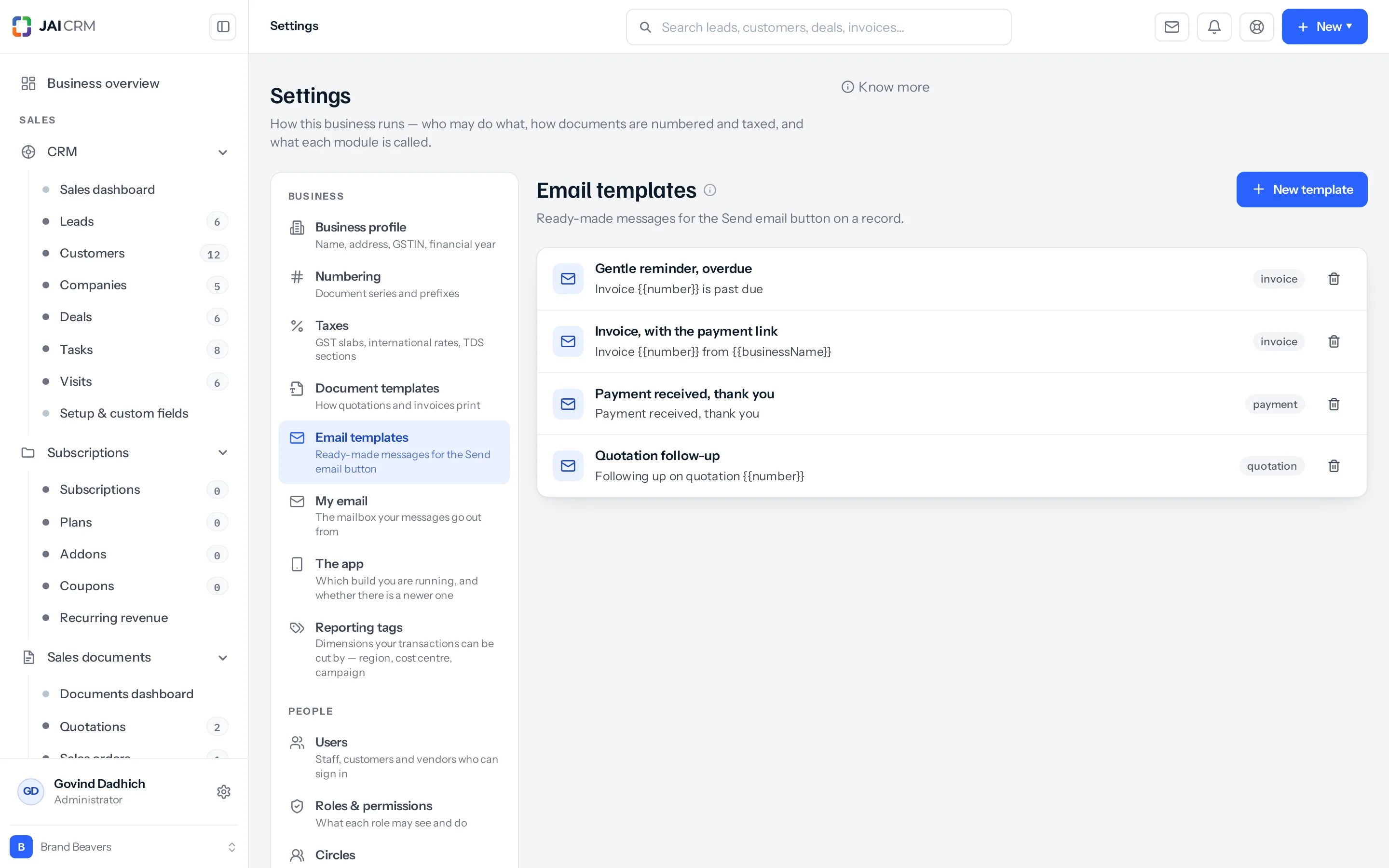 Settings, Email templates. Four saved messages — Gentle reminder overdue, Invoice with the payment link, Payment received thank you, and Quotation follow-up — each tagged with the module it belongs to and each with a delete icon.