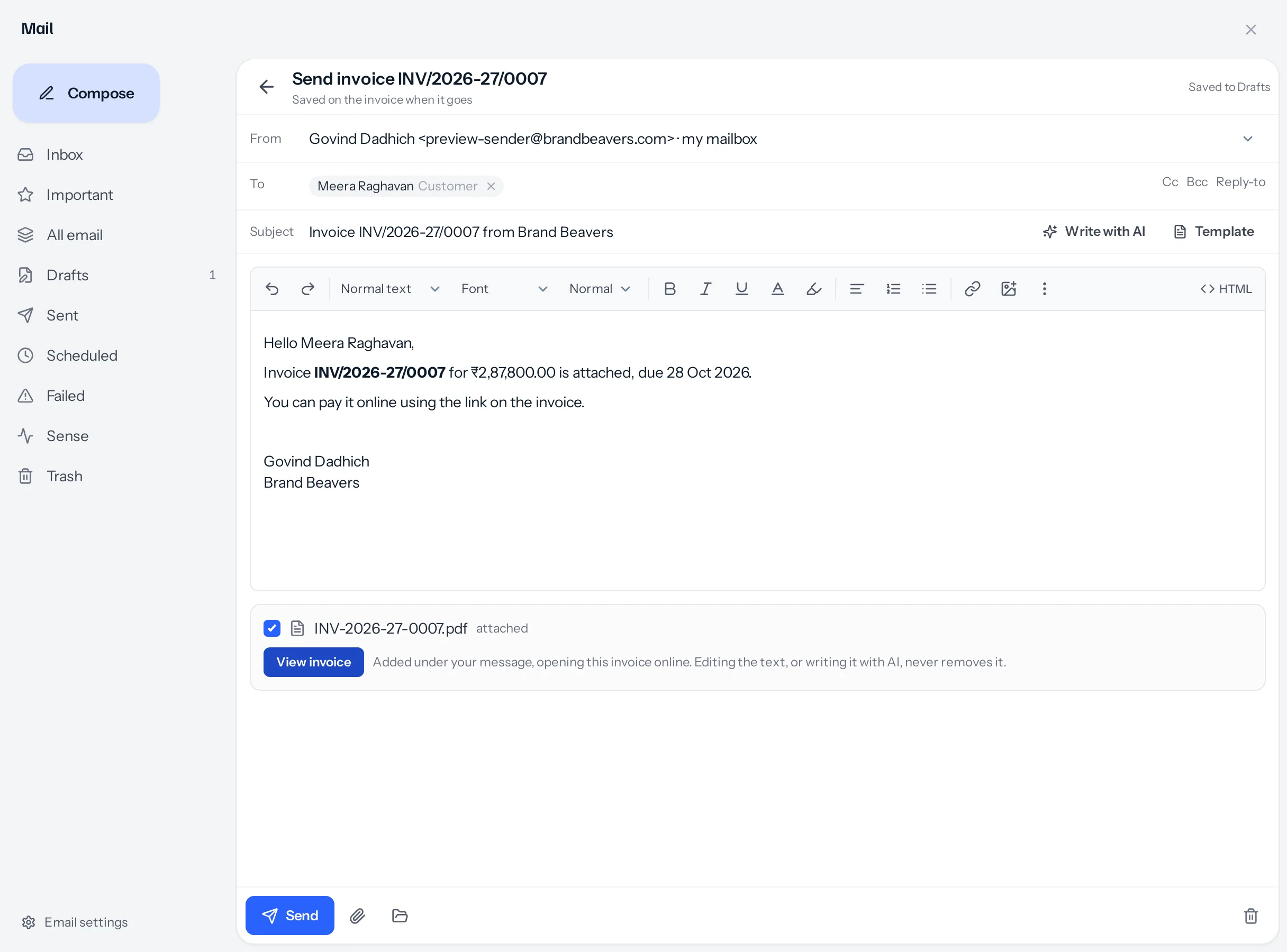 The mail panel opened from invoice INV/2026-27/0007: the title Send invoice INV/2026-27/0007, To Meera Raghavan, the subject Invoice INV/2026-27/0007 from Brand Beavers, a message with the amount ₹2,87,800.00 and due date 28 Oct 2026, the signature, and under it the PDF INV-2026-27-0007.pdf ticked as attached and a View invoice button.