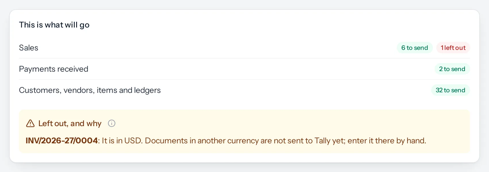 The result of Check what will go: a row for sales, payments received, and customers, vendors, items and ledgers, each with how many will go, one invoice left out, and an amber box naming it and saying it is in US dollars.