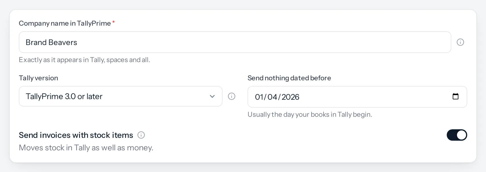 The Set-up tab: company name in TallyPrime, Tally version, a date to send nothing before, and a switch to send invoices with stock items.