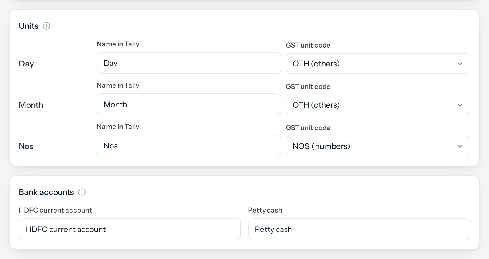 The Units card, listing each unit in use with a box for its name in Tally and a list to choose its GST unit code, and below it the Bank accounts card with a box for each account's ledger name.