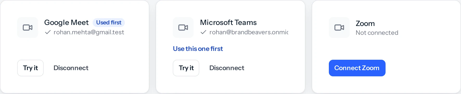 Settings, Video meetings: three cards. Google Meet connected as rohan.mehta@gmail.test and marked Used first, with Try it and Disconnect; Microsoft Teams connected, with Use this one first, Try it and Disconnect; Zoom not connected, with Connect Zoom.