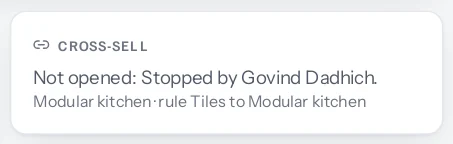 The Cross-sell card on a deal reading Not opened: Stopped by Govind Dadhich, Modular kitchen, rule Tiles to Modular kitchen.