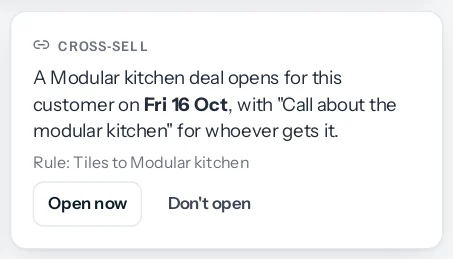 The Cross-sell card reading: A Modular kitchen deal opens for this customer on Fri 16 Oct, with Call about the modular kitchen for whoever gets it. Rule: Tiles to Modular kitchen, with Open now and Don't open.