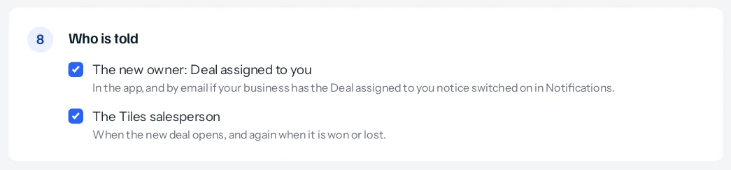 Step 8, Who is told, with The new owner: Deal assigned to you always ticked, and The Tiles salesperson ticked: when the new deal opens, and again when it is won or lost.