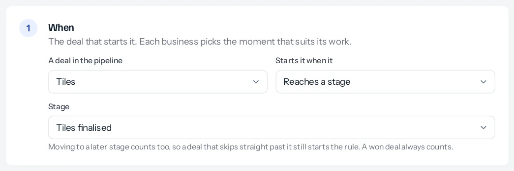 Step 1, When, with A deal in the pipeline set to Tiles, Starts it when it set to Reaches a stage, and Stage set to Tiles finalised, with the note that moving to a later stage counts too.