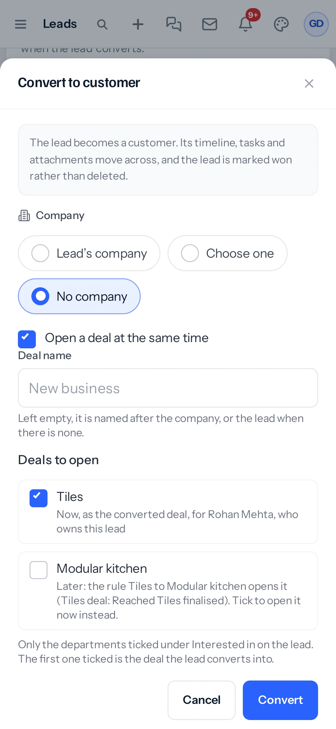 The Convert to customer window on a phone with Deals to open: Tiles ticked, now as the converted deal for Rohan Mehta, and Modular kitchen unticked, later the rule Tiles to Modular kitchen opens it, with Cancel and Convert.