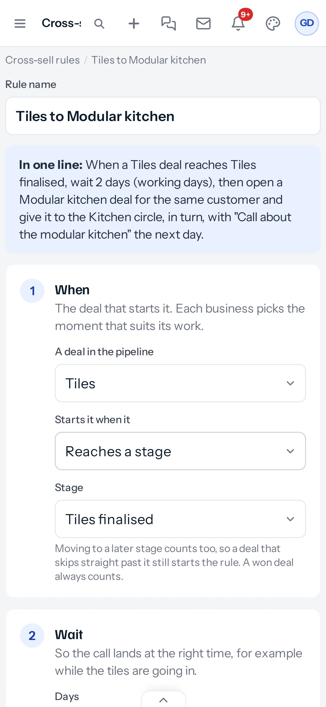 The rule page on a phone for Tiles to Modular kitchen, with the one-line summary, step 1 When with pipeline Tiles, Reaches a stage and Tiles finalised, and the start of step 2 Wait.