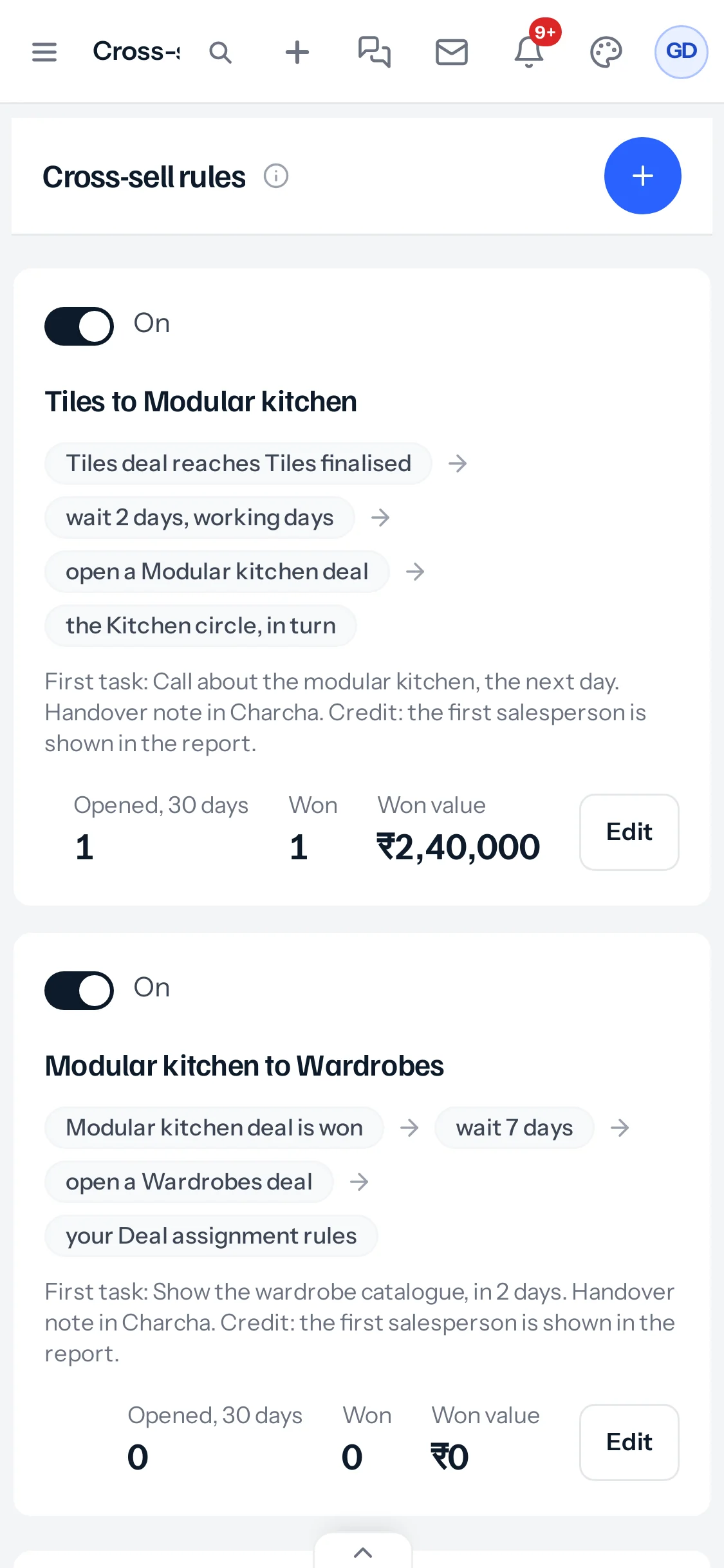 The Cross-sell rules page on a phone, showing the rule Tiles to Modular kitchen switched on with its chain of steps on four lines, its first task, Opened 1, Won 1, Won value 2,40,000 and Edit, and below it the rule Modular kitchen to Wardrobes.