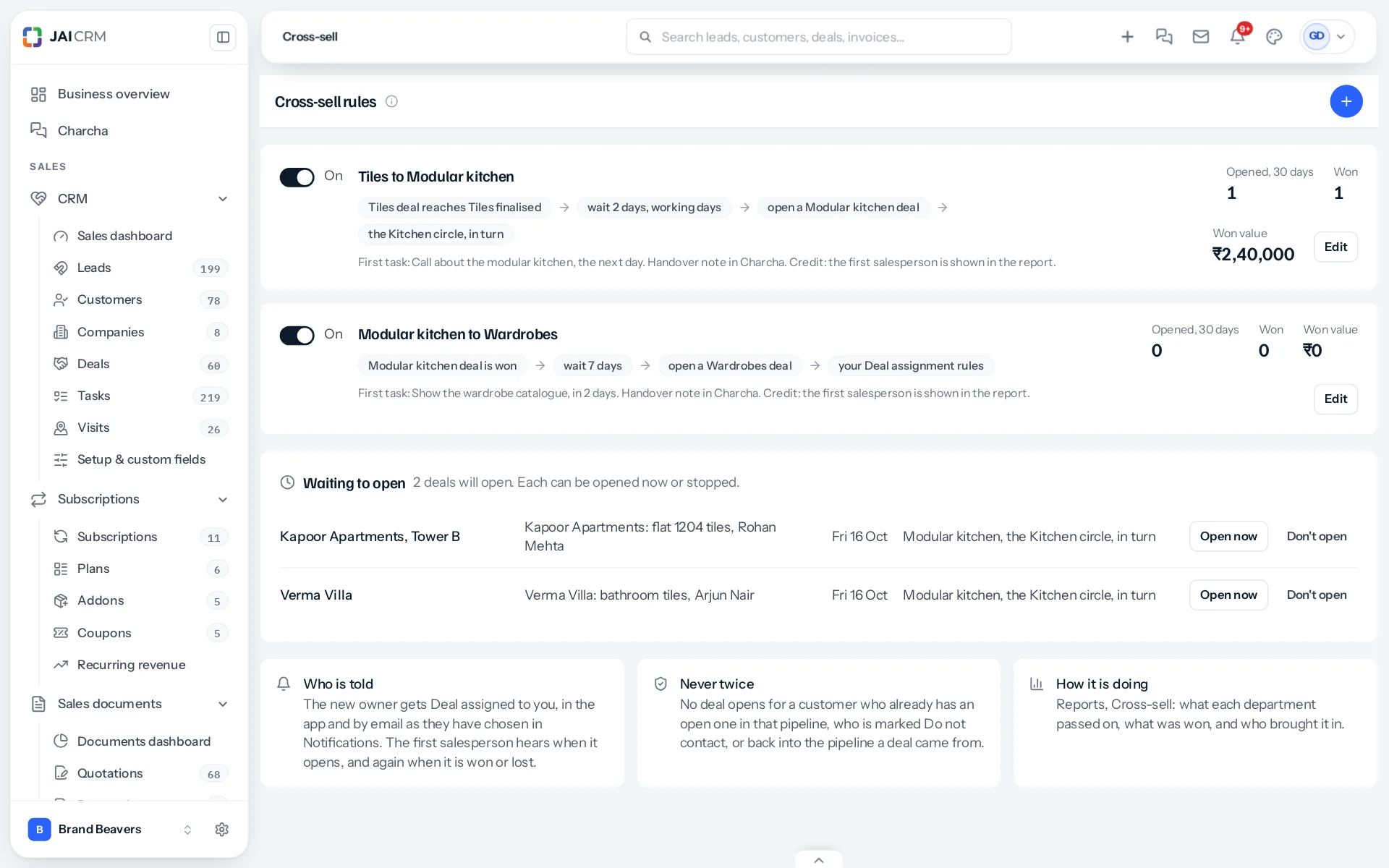 The Cross-sell rules page with two rules, Tiles to Modular kitchen and Modular kitchen to Wardrobes, each switched on, and a waiting list of two deals that open on Fri 16 Oct.