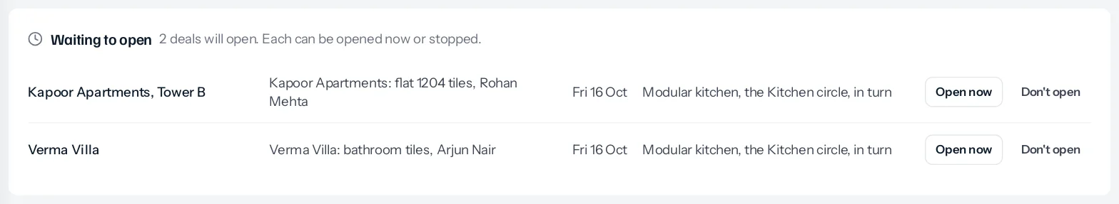 The Waiting to open list with two deals: Kapoor Apartments, Tower B from Kapoor Apartments: flat 1204 tiles, Rohan Mehta, and Verma Villa from Verma Villa: bathroom tiles, Arjun Nair, both opening Fri 16 Oct into Modular kitchen, the Kitchen circle, in turn, each with Open now and Don't open.