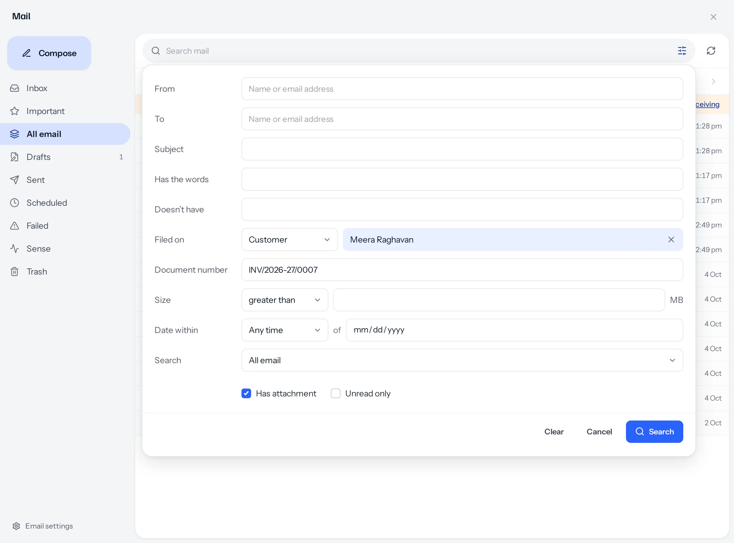 The advanced search card open under the search bar, with the fields From, To, Subject, Has the words, Doesn’t have, Filed on set to Customer and Meera Raghavan, Document number INV/2026-27/0007, Size, Date within, Search set to All email, Has attachment ticked, and Clear, Cancel and Search.