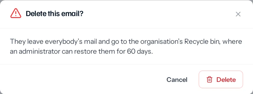 A dialog reading Delete this email? They leave everybody’s mail and go to the organisation’s Recycle bin, where an administrator can restore them for 60 days, with Cancel and Delete.