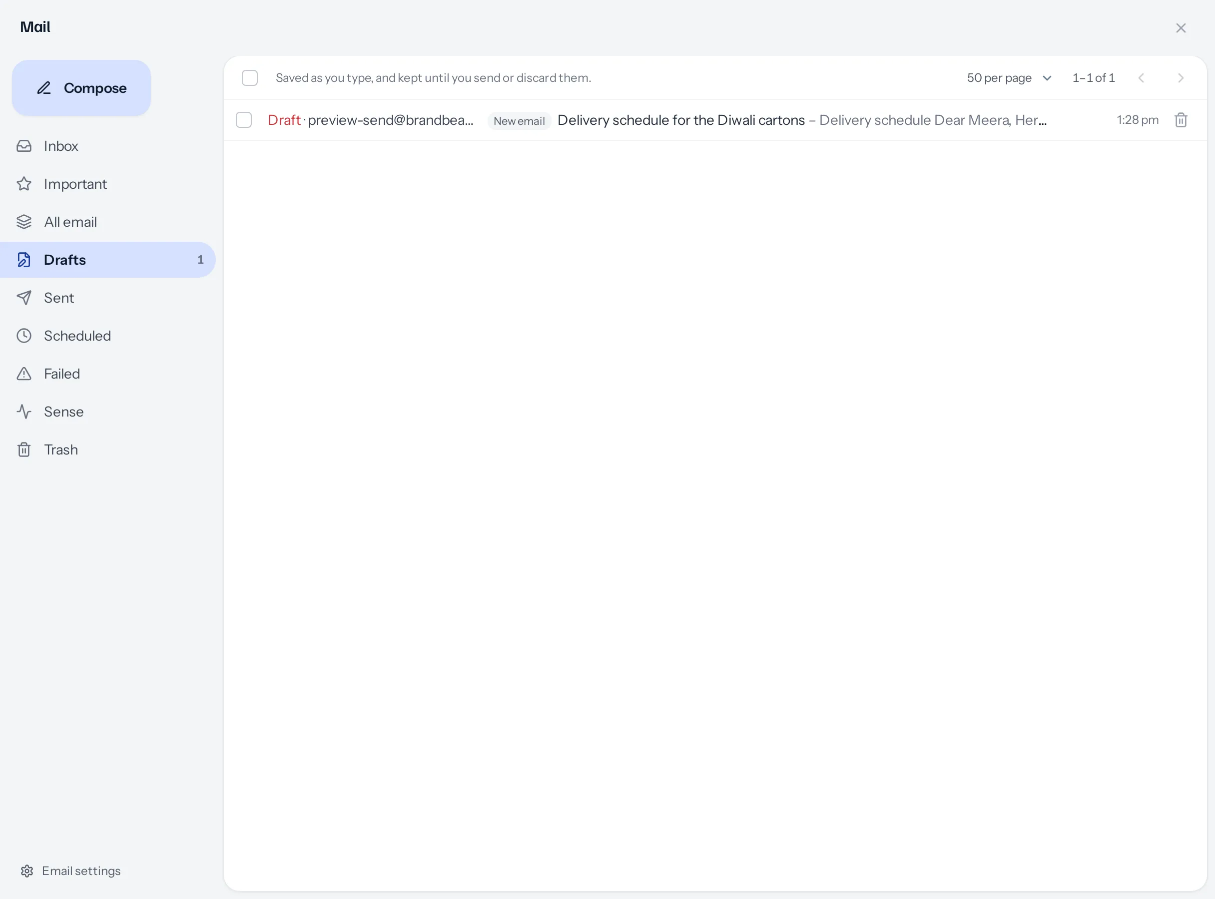 The Drafts folder with one draft: Draft in red, to preview-send@brandbeavers.com, labelled New email, the subject Delivery schedule for the Diwali cartons with its first words, the time, and a bin to discard it.