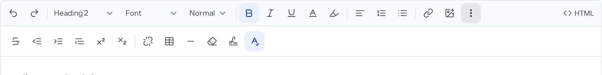 The editor toolbar: Undo, Redo, Heading 2, Font, Size, Bold, Italic, Underline, Text colour, Highlight, Align, Numbered list, Bulleted list, Link, Picture and More formatting, with HTML at the right; under it the second row: Strikethrough, Indent less, Indent more, Quote, Superscript, Subscript, Remove link, Table, Line across, Clear formatting, Insert signature and Spelling check.