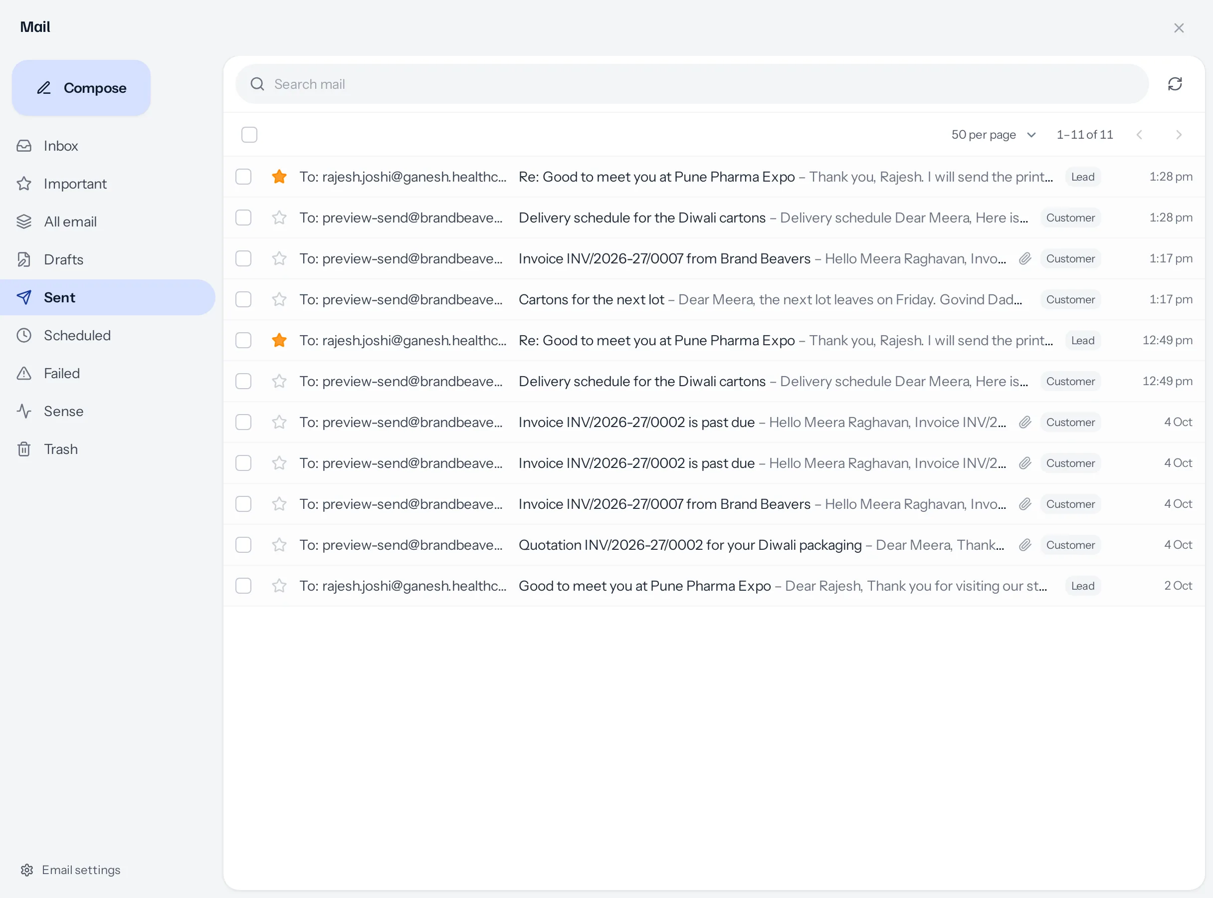The mail panel with Sent open: Compose and the folders Inbox, Important, All email, Drafts, Sent, Scheduled, Failed, Sense and Trash down the left, and on a white card a search box, 50 per page, 1–7 of 7, and rows reading To, the subject, the first words, a Customer or Lead label and the date.