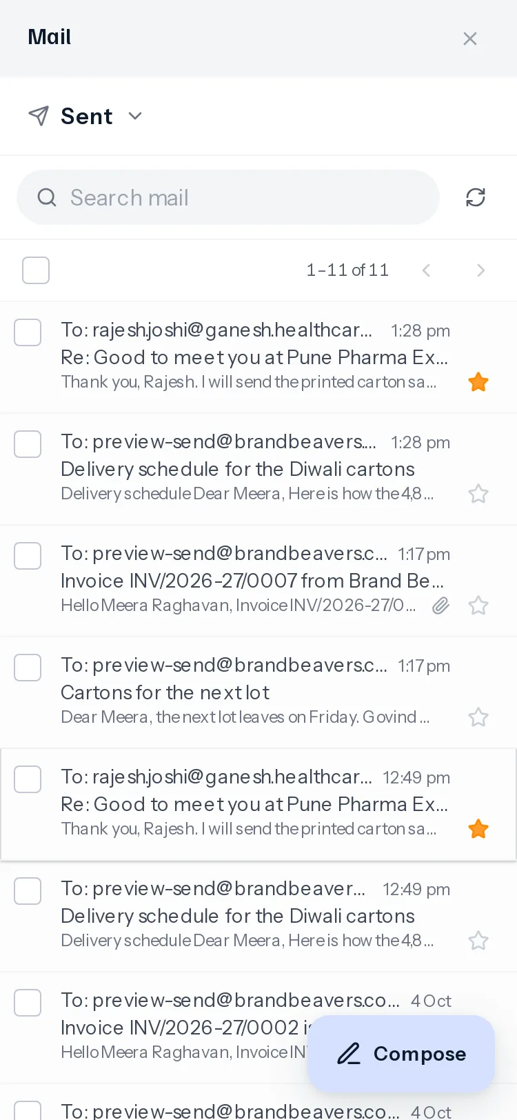 On a phone, Sent: each email in three lines with who it went to and the time, the subject, and the first words, a star under each date, and a round Compose button at the bottom right.