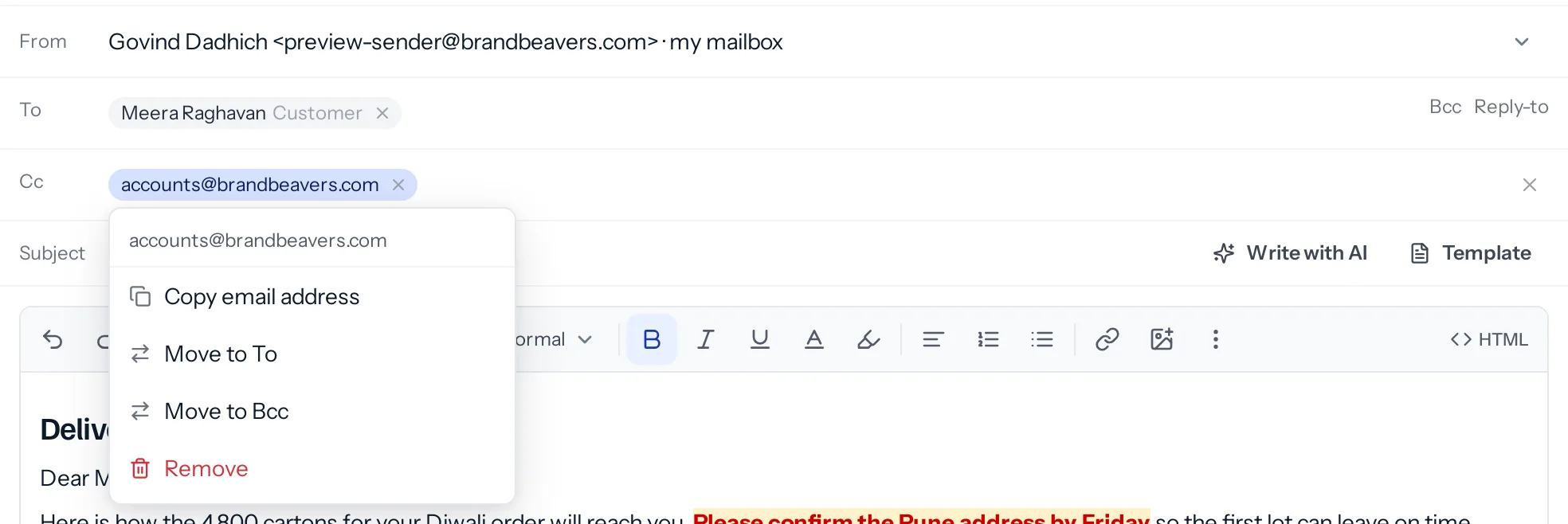 The Cc chip accounts@brandbeavers.com pressed, with a menu under it reading Copy email address, Move to To, Move to Bcc and Remove.