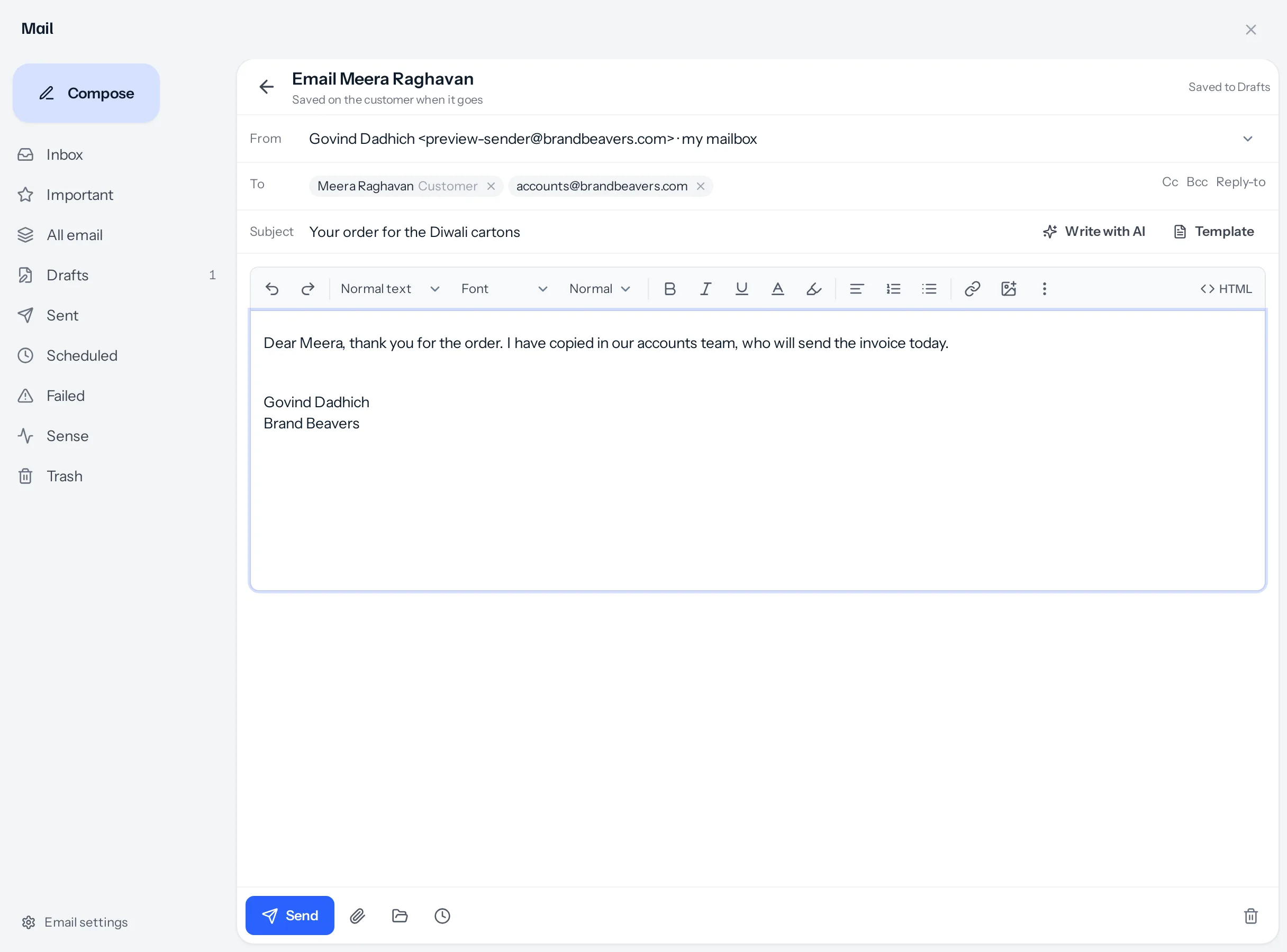 The mail panel opened from Meera Raghavan’s customer page: the title Email Meera Raghavan, Saved on the customer when it goes, To Meera Raghavan marked Customer and accounts@brandbeavers.com, the subject Your order for the Diwali cartons, a written message and the signature.