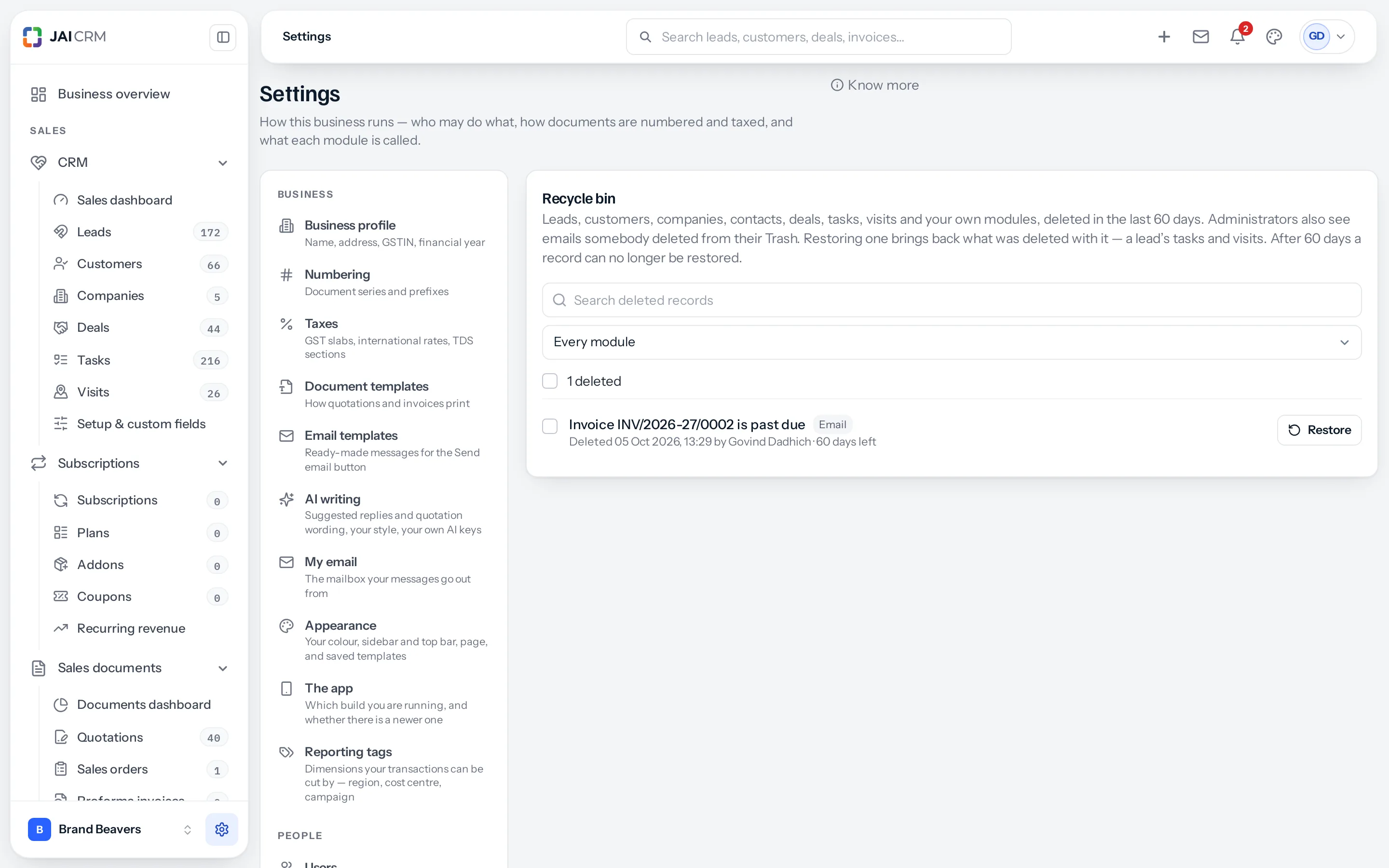 Settings, Recycle bin, with one row: Invoice INV/2026-27/0002 is past due, labelled Email, deleted 05 Oct 2026 by Govind Dadhich, 60 days left, and a Restore button.
