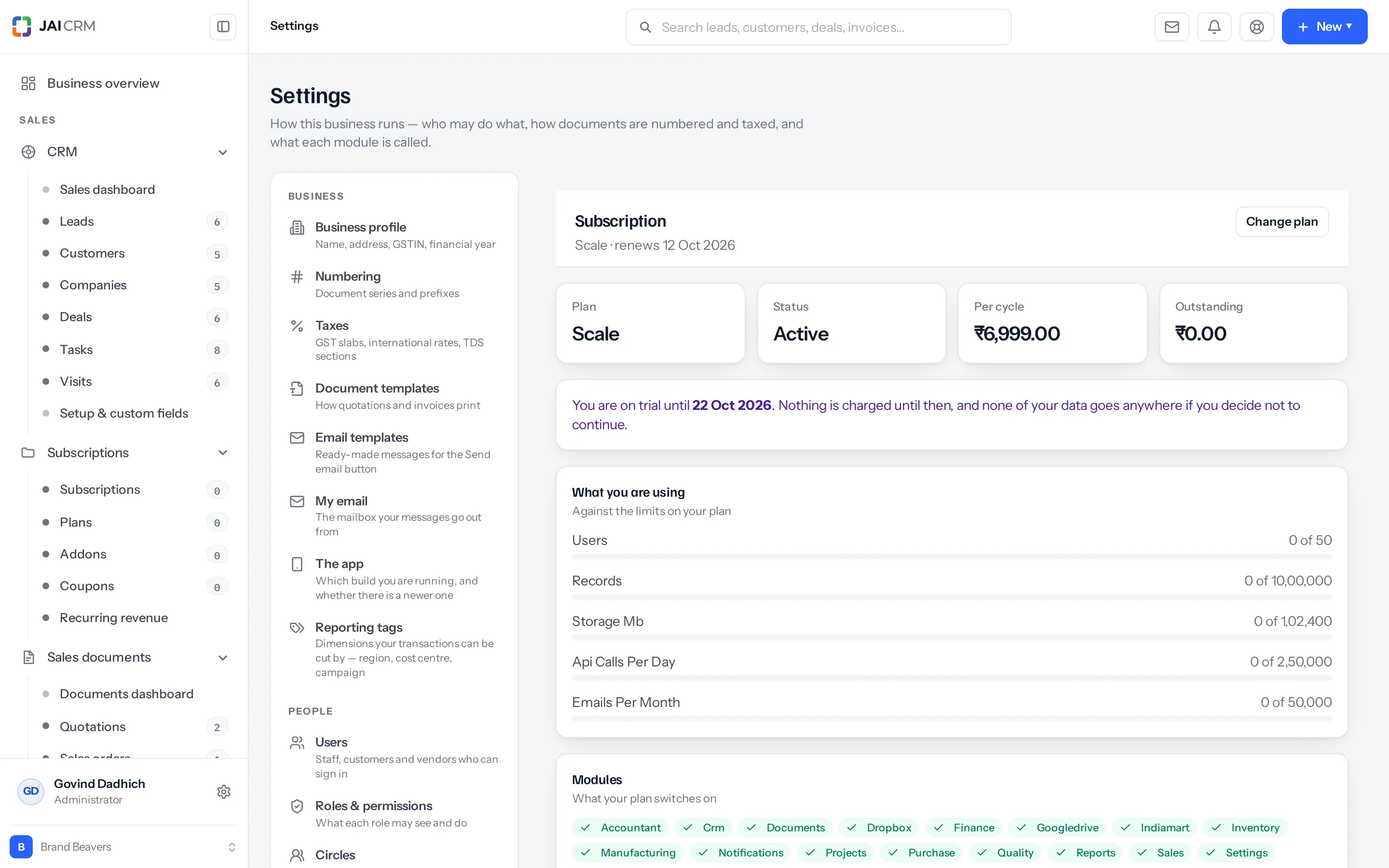 Settings, Subscription. Four tiles reading Plan Full Suite, Status Active, Per cycle 6,999.00 and Outstanding 0.00, a trial notice, a "What you are using" card listing users, records, storage, API calls and emails against their limits, and a Modules card of green badges.