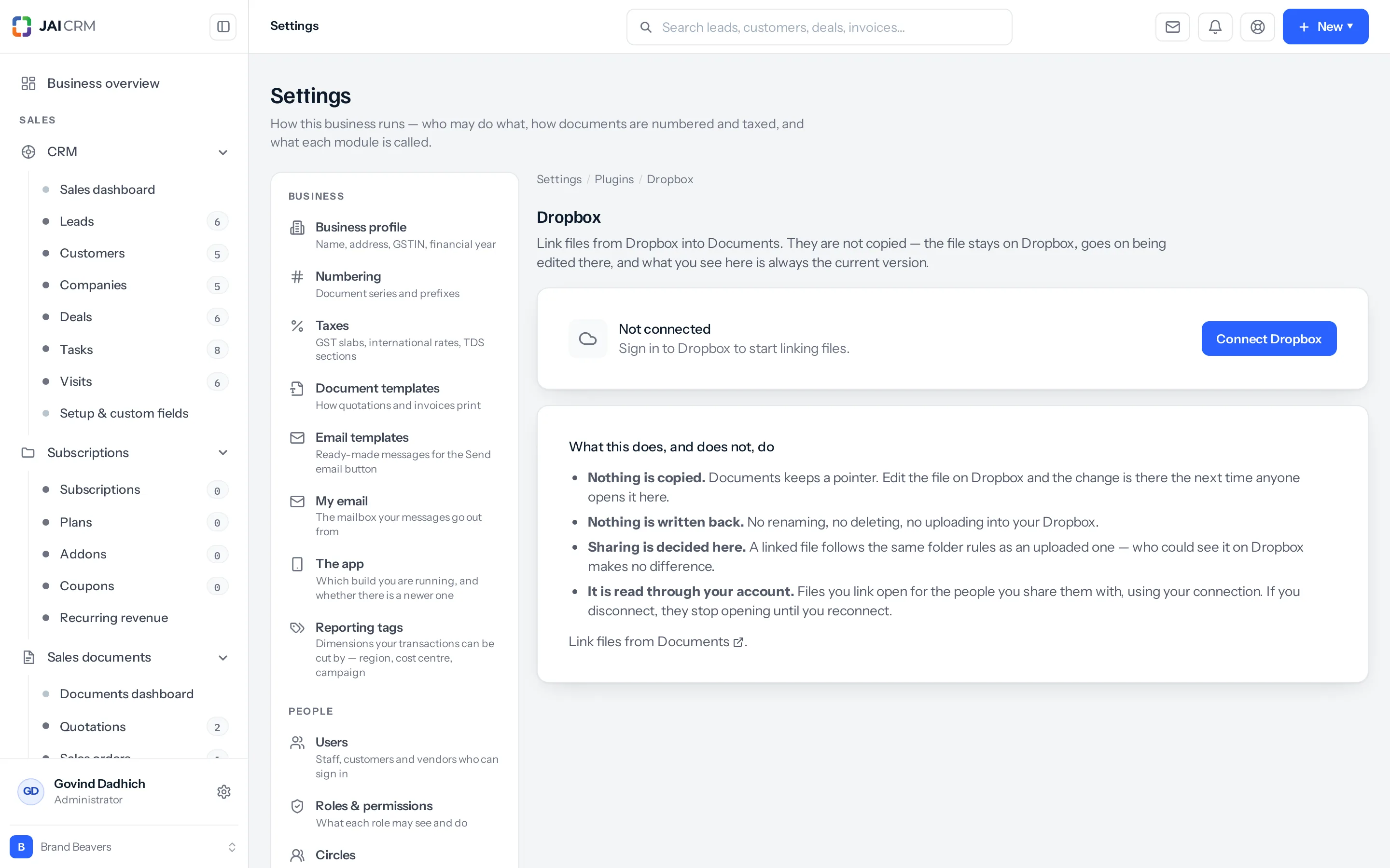 Settings, Dropbox. A card reading "Not connected — sign in to Dropbox to start linking files" with a Connect Dropbox button, above the same "What this does, and does not, do" card.