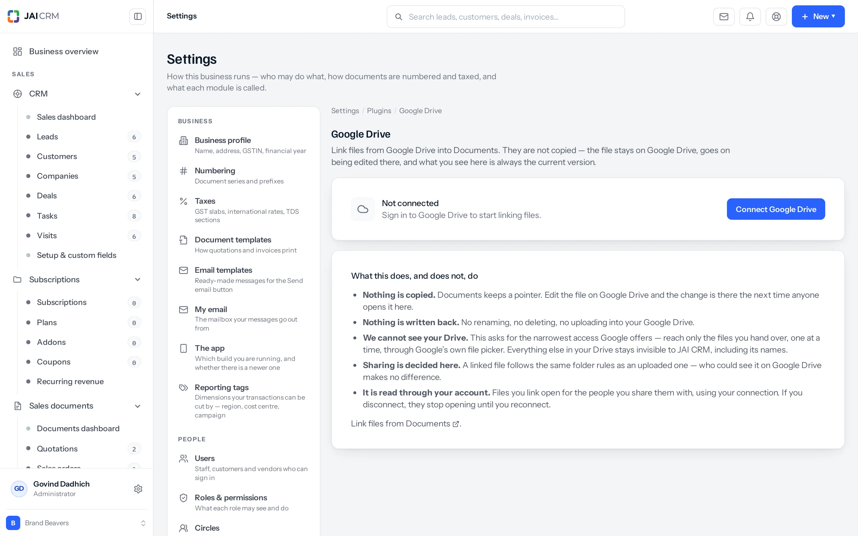 Settings, Google Drive. A card reading "Not connected — sign in to Google Drive to start linking files" with a Connect Google Drive button, above a card headed "What this does, and does not, do".