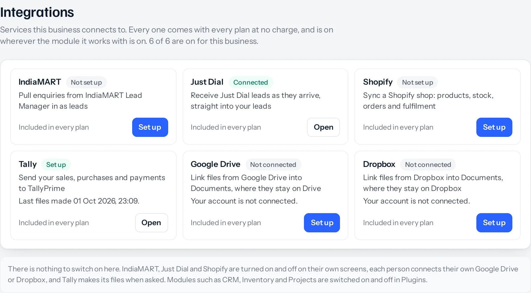 Settings, Integrations. Six cards, for IndiaMART, Just Dial, Shopify, Tally, Google Drive and Dropbox, each with what it does, whether the business has it or which module it needs, how far it is set up, and a Set up button.