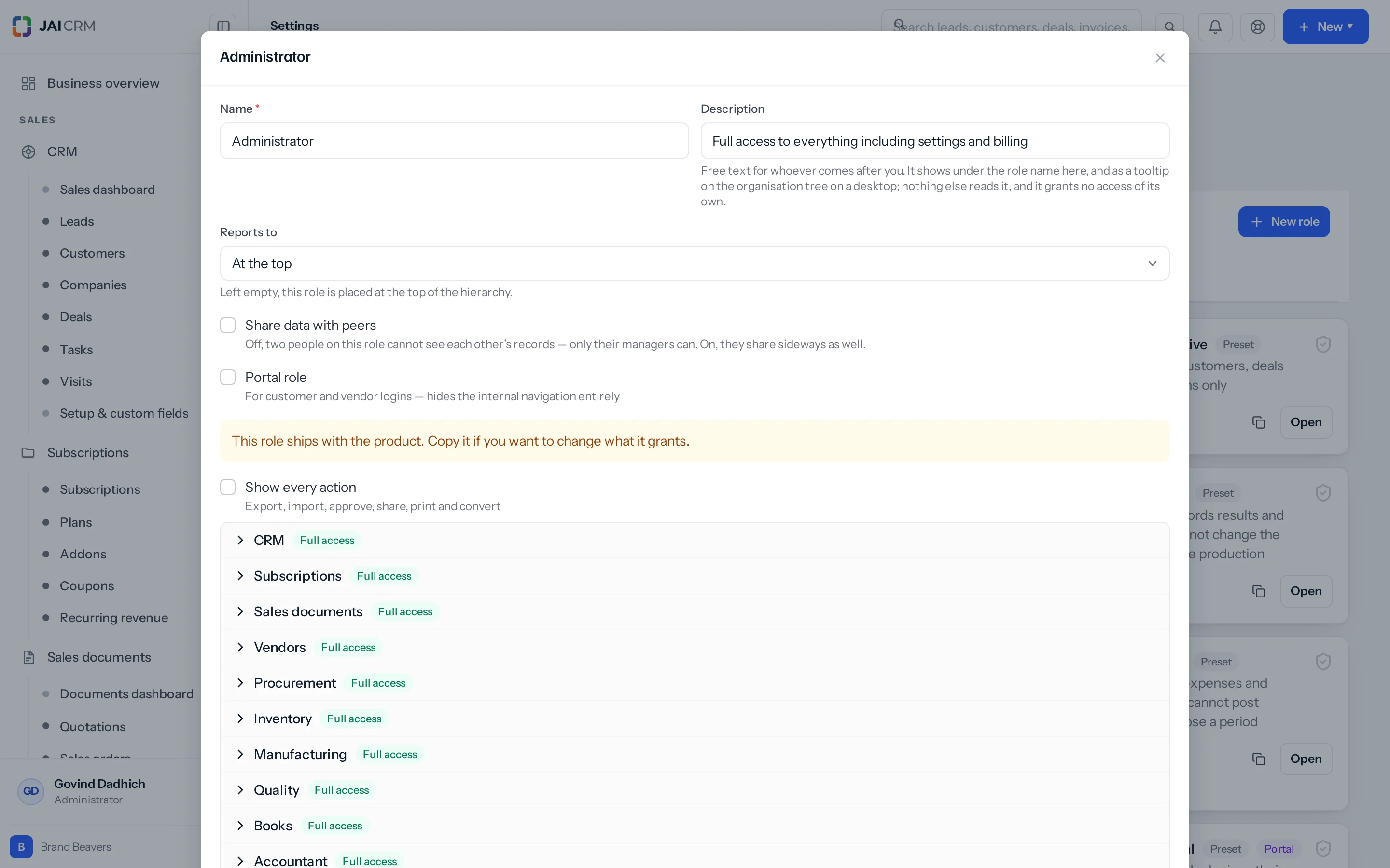 One row per screen. The tick boxes are the actions; the dropdown at the end is the data scope.