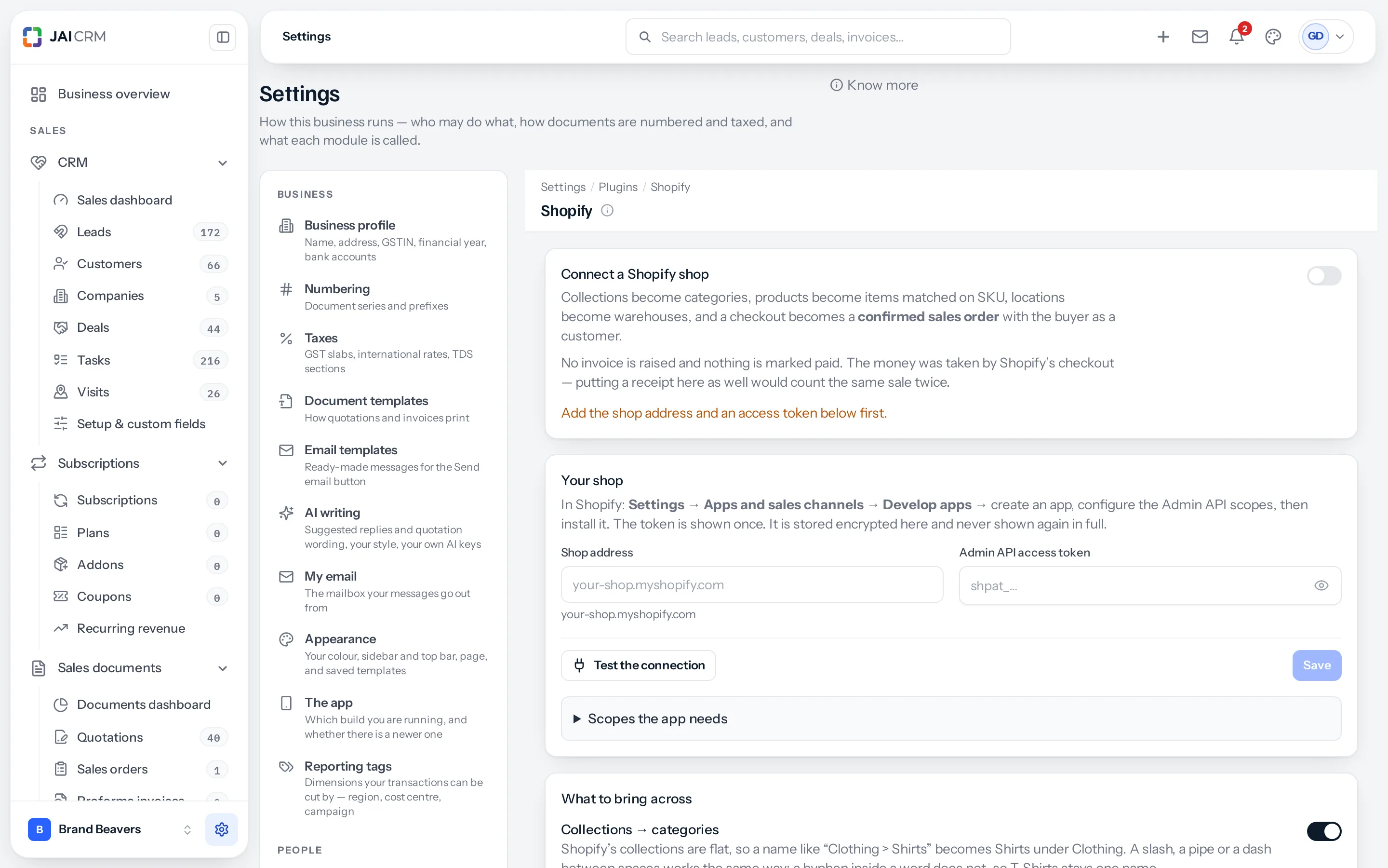 Settings, Shopify. A card for the shop address and access token with Test the connection and its own Save, the scopes the app needs, and a list of what to sync: collections, products, locations, vendors, customers and orders, each with its own switch.