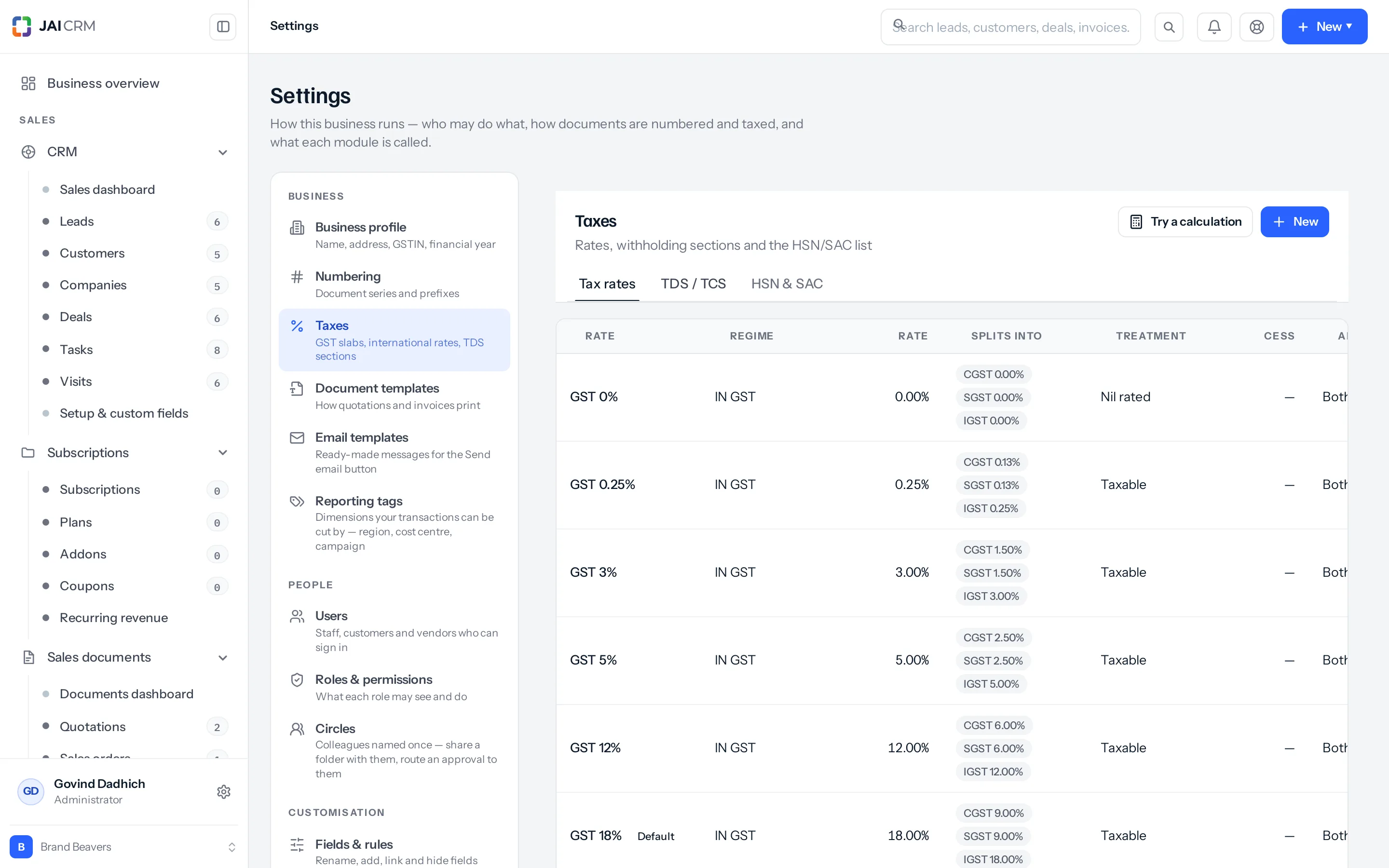 The Tax rates tab. Each rate holds its components, and the split is rebuilt from the headline rate every time it is saved.
