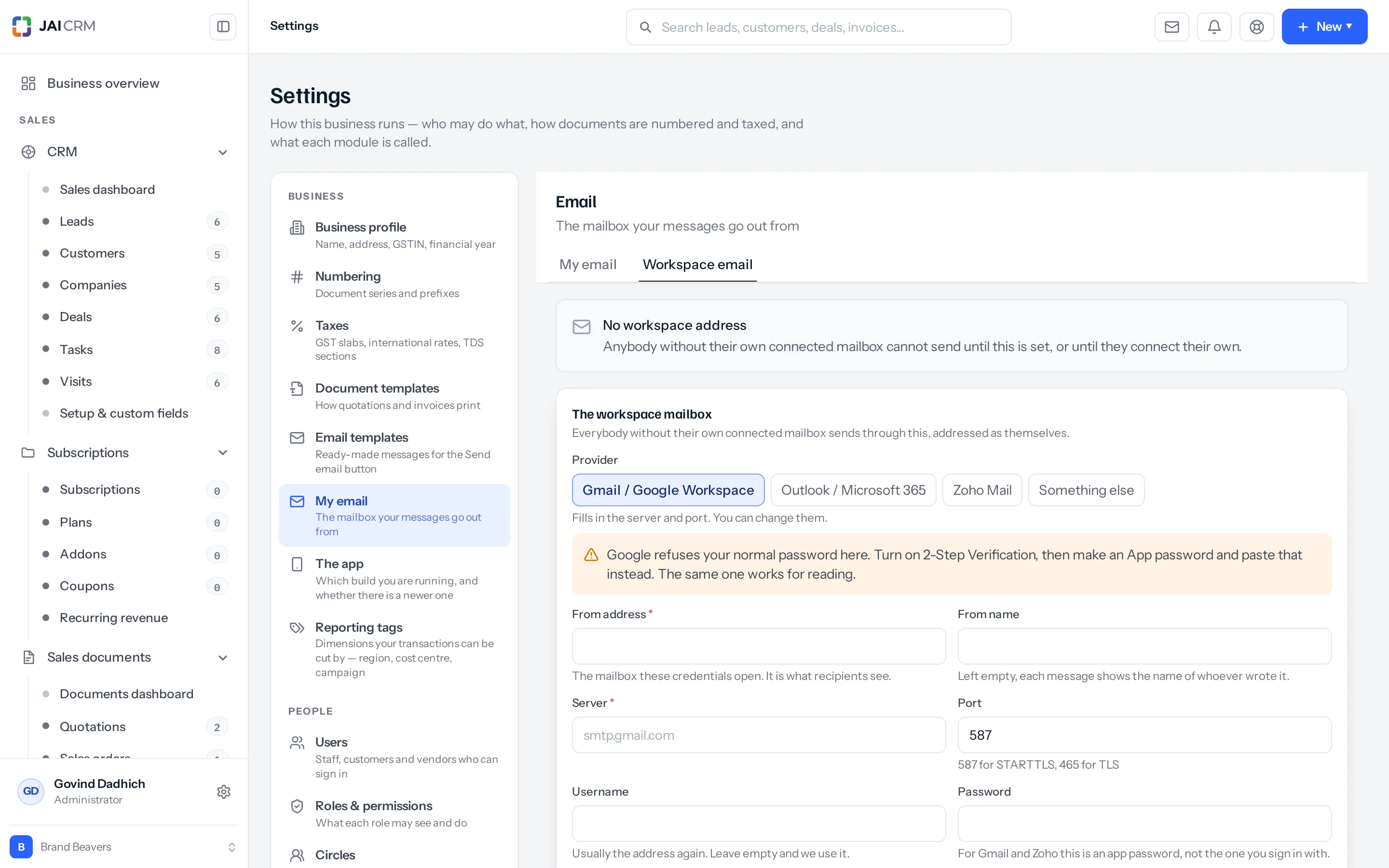 The Workspace email tab, showing the notice "No workspace address" above the same provider buttons and server fields as the personal tab.