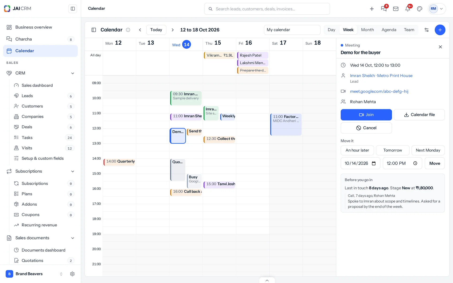 A meeting about the lead Imran Sheikh open beside the week, with Join, the quick moves and Before you go in: last in touch 8 days ago, stage New at 1,80,000 rupees, and the last call.