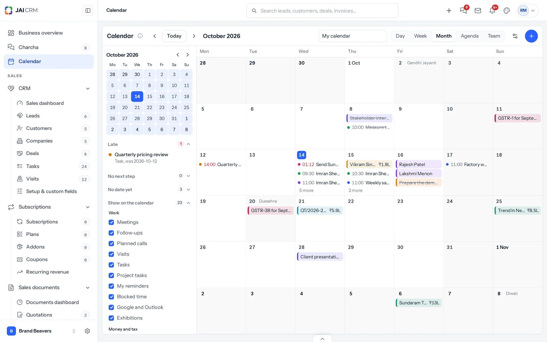 October 2026 on the calendar: follow-ups, visits and meetings beside the holidays, the GST dates, a quotation expiring and deals closing.