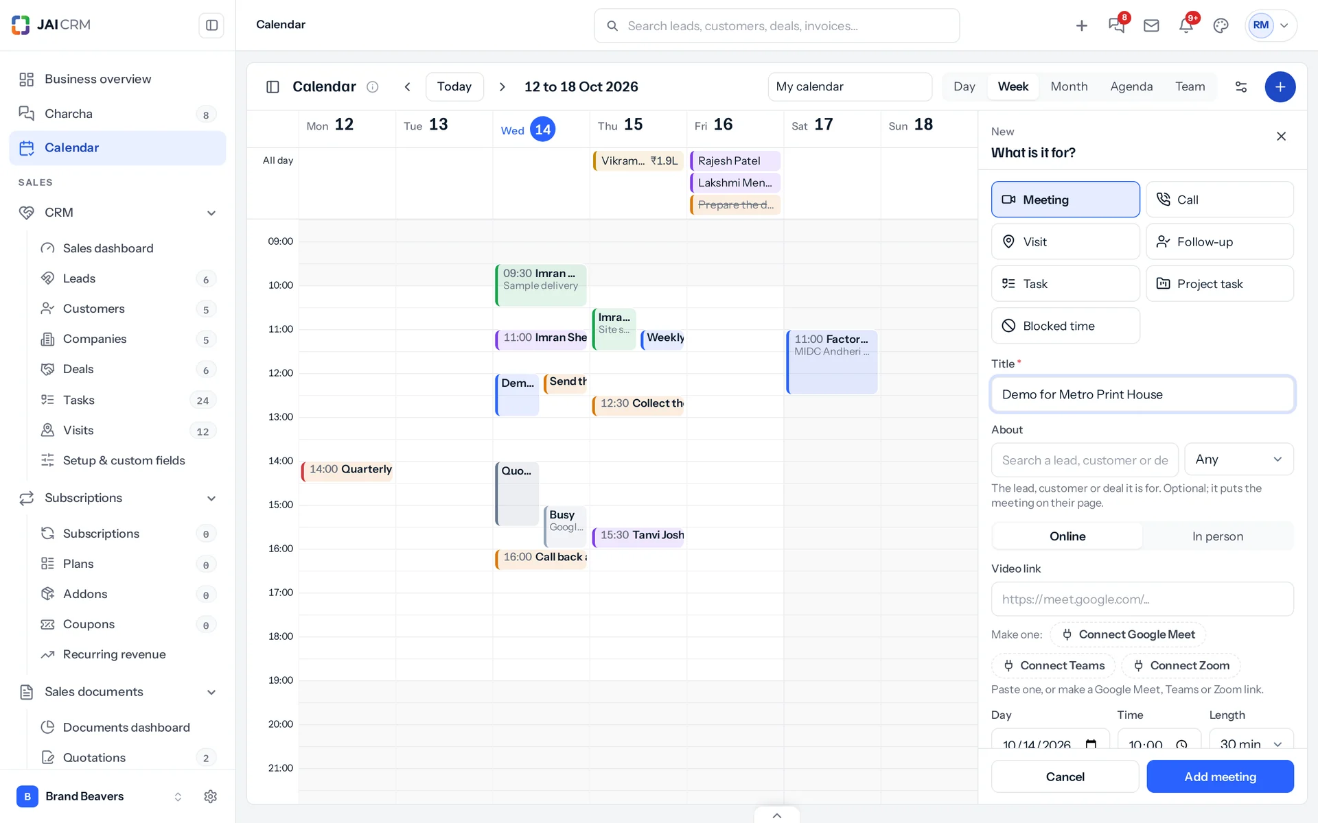 Making a meeting from the calendar: What is it for? with Meeting chosen, the lead it is about, Online or In person, a video link, the day, time and length.