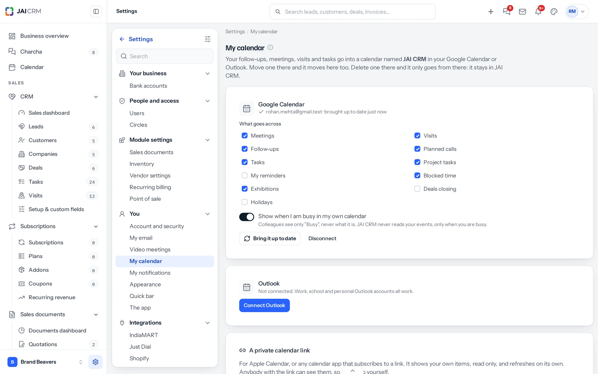 Settings, My calendar: Google Calendar connected, the kinds that go across, the busy time switch, and the private calendar link for any other calendar app.