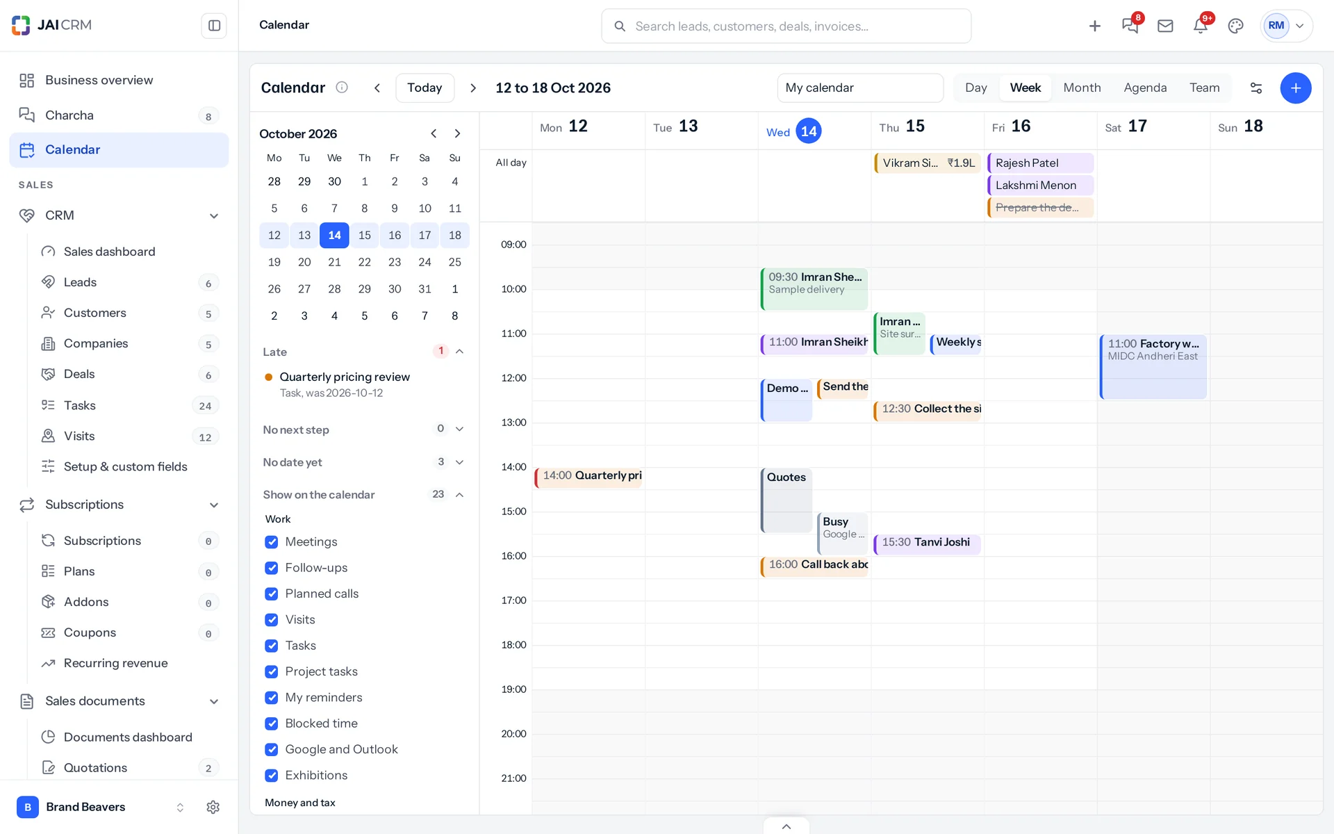 A week on the JAI CRM Calendar: visits, meetings, follow-ups, tasks and blocked time across the hours, with a small month and the kinds of item on the left.