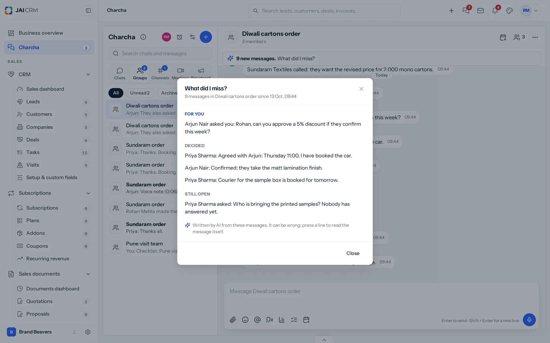 What did I miss? over a busy group, written by AI: what is for Rohan, what was decided and what is still open, each line linked to its message.
